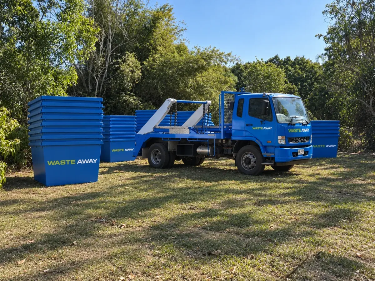 NT Waste Away skip truck with a range of blue skip bins